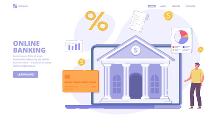 Online banking, bank service, e wallet application, finance report, investments. Flat design concept with characters for landing page. Vector illustration for website, banner.