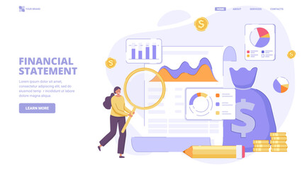 Financial audit, income growth, business plan, financial report, accountant service, personal financial consultant. Design concept for landing page.Flat vector illustration with characters for website