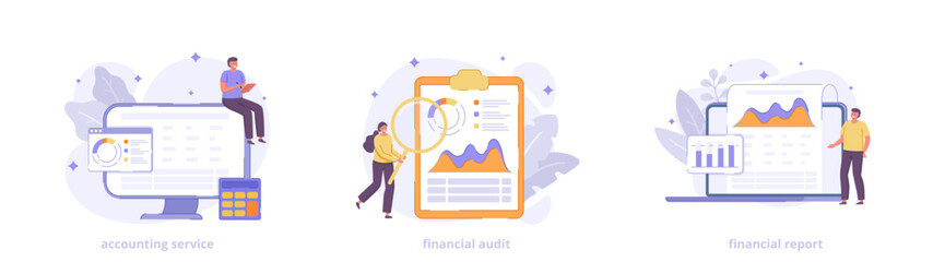 Accounting service, financial audit, financial report, save money, banking vector illustration collection. Vector scene set in modern flat style. Flat illustrations for landing page, banner, website.