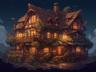 Obraz premium Illustration of a wooden house, cartoon style, fantasy art wallpaper, suitable for game assets. Generative ai