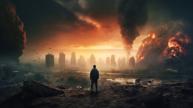 A man in a ruined city among the ruins after the apocalypse. Apocalypse in a big modern city. Generative AI 