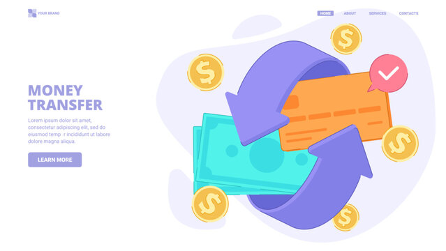 Shopping cashback, money transfer concept with cash, coins, arrows and credit card scene. Design concept for landing page. Flat vector illustration for website, banner, hero image.