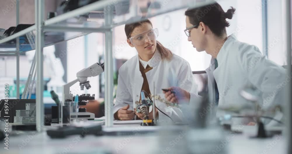 Aufkleber two diverse young professionals having a conversation in a laboratory, inspecting a computer motherb