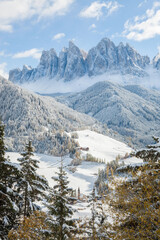 Fototapeta na wymiar Winter, Val di Funes, Dolomites mountains, Trentino-Alto Adige, South Tirol, Italy