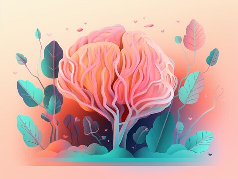 Tree with brain, pinky and cyan colors, illustration of creative thinking. Generative ai