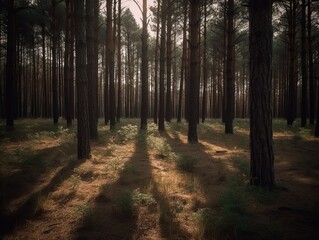 Fototapeta premium A forest filled with trees, early morning with the sun shining from a distance. Generative ai