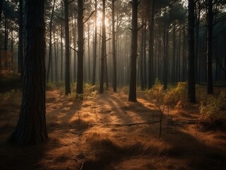 Obraz premium Forest with manu trees in the morning photography with natural morning sunlight. Generative ai