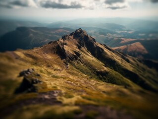 Mountain landscape with beautiful sky, tilt-shift. Generative ai