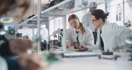 Female and Male Students in Safety Goggles and White Coats Working Together in Science Class, Collaborating on a College Project. Scholars Talking, Study and Prepare for Computer Engineering Exams