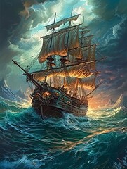 Old ship in the ocean facing the storm. Generative ai - obrazy, fototapety, plakaty
