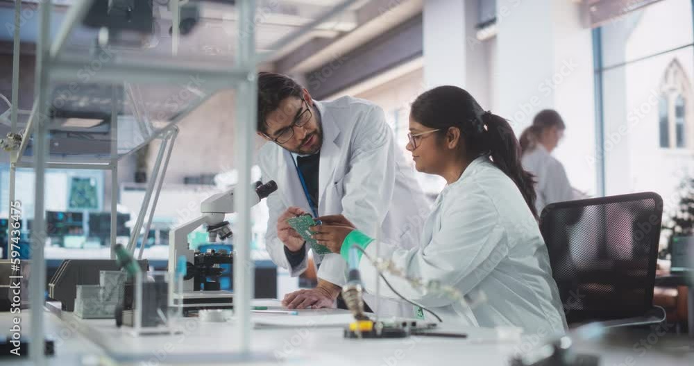Poster Indian Girl Having a Conversation with a Mentor in a Laboratory, While Working on a Circuit Board for a Project. Young Scholar Talking with a Scientist About Changing the CPU Memory Characteristics