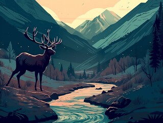 Silhouette of a deer in the mountains wiith river, dark and sofr colors. Generative ai