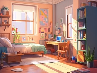 Anime style of living room interior, modern style, bright light, peach tone colors. Generative ai