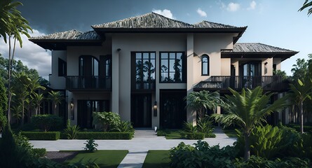 Photo of a luxurious house with a tropical vibe from the palm trees around it