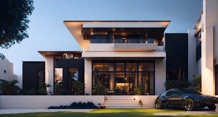 Photo of a contemporary home with a sleek car parked in the driveway - obrazy, fototapety, plakaty