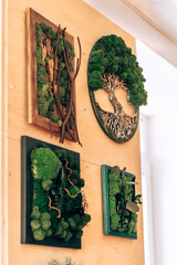 Interior decor made of natural materials.Panels made of twigs, driftwood and stabilized moss.Biophilia design concept.
