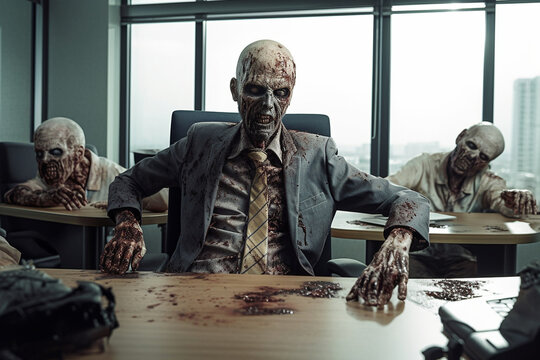 Zombie office worker, Working overtime, Burnout, Tired corporate employee, created by a neural network, Generative AI technology