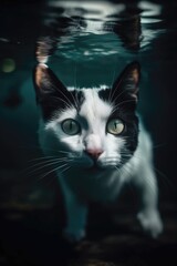 Portrait of a curious black and white American Curl cat diving underwater. Generative AI art.