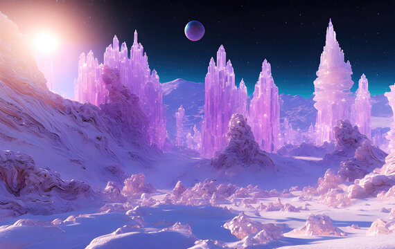 View of alien cold planet full of ice crystals, beautiful landscape scenery of an another planet. Generative Ai.