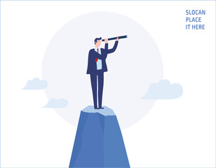 Businessman looking through telescope on top of the mountain. goals, success, achievement and challenge people business concept vector flat design illustration banner brochure isolated 