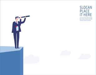 Businessman standing on a cliff. looking through monocular into the future business vision and visionary people business concept vector flat design illustration banner brochure isolated 