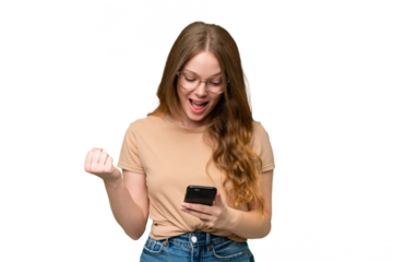 Young pretty woman over isolated background surprised and sending a message