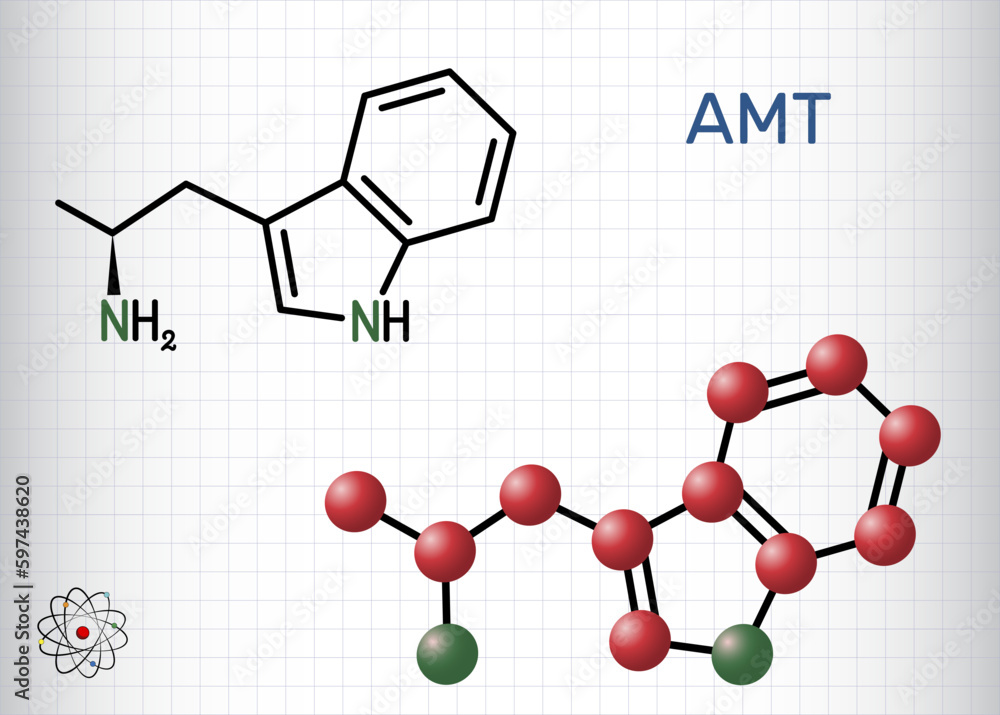 Sticker alpha-Methyltryptamine, αMT, AMT,  molecule. It is psychedelic, stimulant, antidepressant, entactogen drug. Structural chemical formula and molecule model. Sheet of paper in a cage