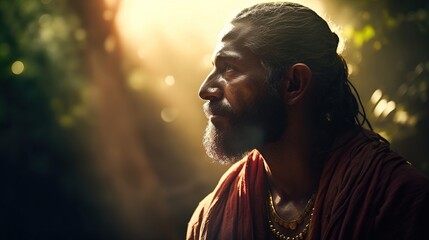 Adult male in spiritual practice. Portrait of a Buddhist monk. Handsome man in the rays of sunlight. Concept spiritual and psychology awakening, enlightenment. Generative AI