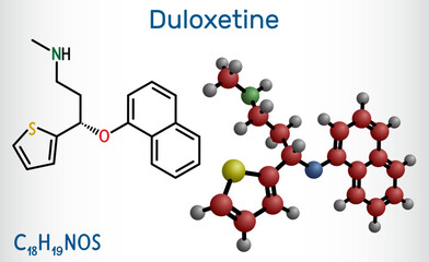 Duloxetine antidepressant  drug molecule. It is used to treat  anxiety disorder, neuropathic pain, osteoarthritis. Structural chemical formula and molecule model.