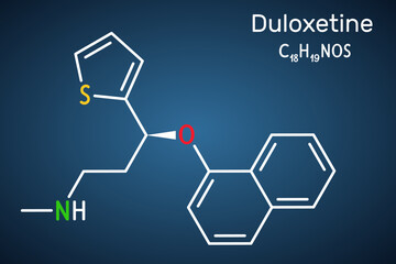 Duloxetine antidepressant  drug molecule. It is used to treat  anxiety disorder, neuropathic pain, osteoarthritis. Structural chemical formula on the dark blue background.