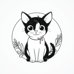Cute black and white cat with green leaves. Vector illustration.