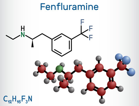 Fenfluramine drug molecule. It is phenethylamine, used as an appetite suppressant. Structural chemical formula and molecule model.