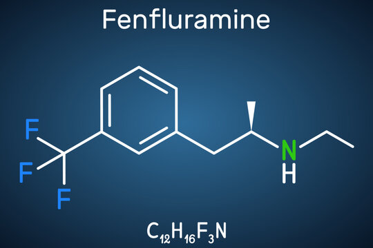 Fenfluramine drug molecule. It is phenethylamine, used as an appetite suppressant. Structural chemical formula on the dark blue background.
