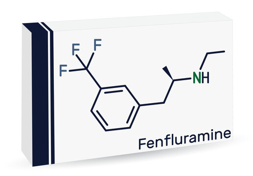 Fenfluramine drug molecule. It is phenethylamine, used as an appetite suppressant. Skeletal chemical formula. Paper packaging for drug