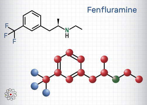Fenfluramine drug molecule. It is phenethylamine, used as an appetite suppressant. Structural chemical formula and molecule model. Sheet of paper in a cage