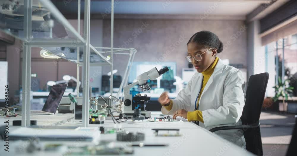 Poster College Science Classroom: Diverse Young Black Female Experimenting with Computer Components, Connecting a Circuit Board, Using Microscope and a Screwdriver in a Laboratory
