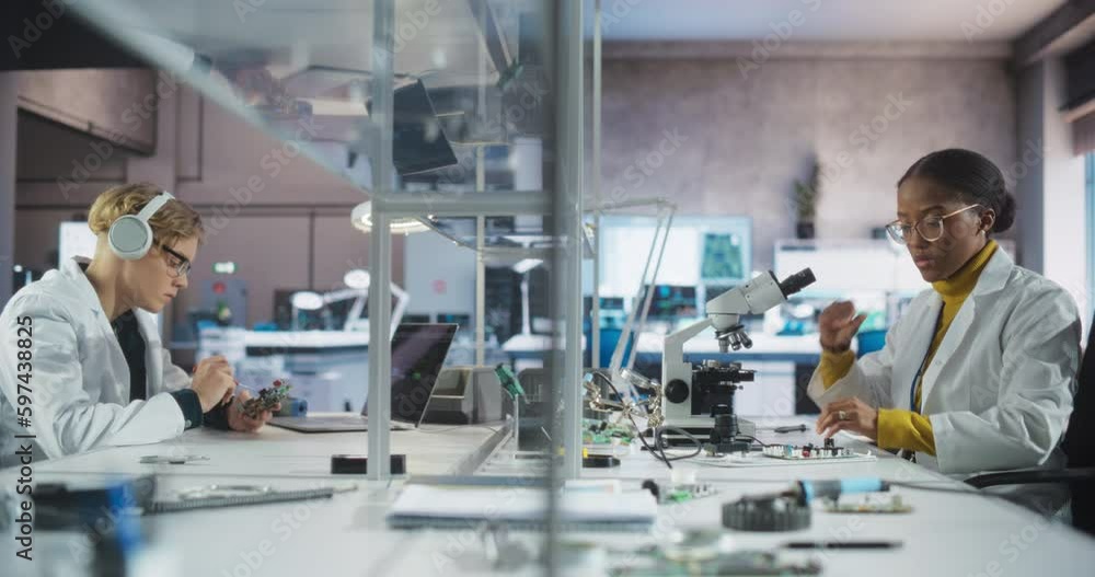 Poster Modern Science Research Laboratory in University: Diverse Young Scientists in White Coats Using Microscopes, Testing Circuit Boards and Microchips for a Technology Project in School