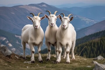 Naklejka premium three mountain goats standing on a grassy hill with a scenic mountain view in the background. Generative AI