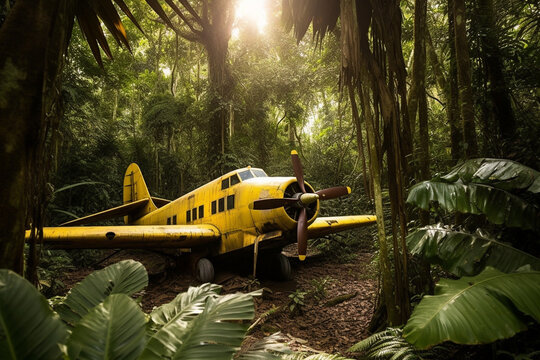 yellow plane crashed in the jungle, created by a neural network, Generative AI technology