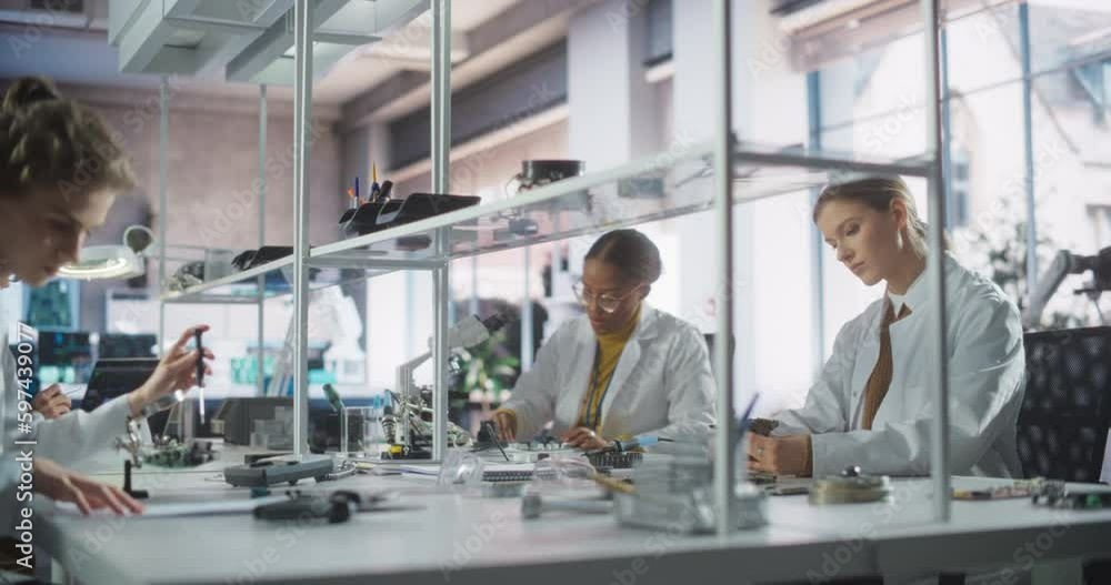 Poster Diverse Team of Multiethnic Young Scientists Passing Internship in a Modern High Tech Laboratory. Students Working in Advanced Lab with Science Equipment. Microchip Design and Electronics Development
