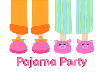 Legs in funny slippers and text Pajama Party on white background. slumber illustration flyer cut paper style for kids. invitation to birthday celebration in comfortable shoes and clothes. Good night