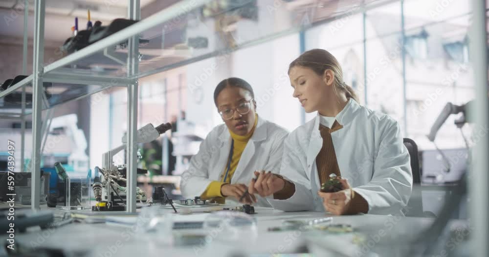 Poster Modern Science Research Laboratory in University: Diverse Young Scientists in White Coats Using Microscopes, Discussing Assignment for a Technology Project in School