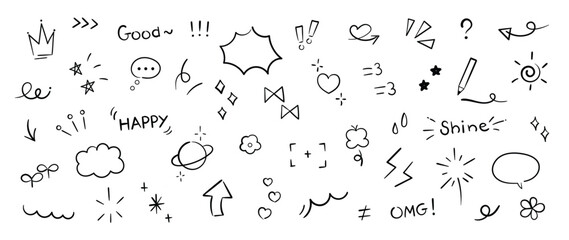 Set of cute pen line doodle element vector. Hand drawn doodle style collection of heart, arrows, scribble, speech bubble, flower, stars, words. Design for print, cartoon, card, decoration, sticker.
