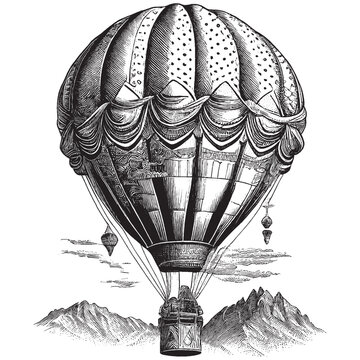 Hand Drawn Engraving Pen and Ink Hot Air Balloon Vintage Vector Illustration