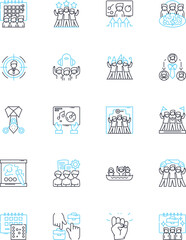 Project team linear icons set. Collaboration, Coordination, Communication, Leadership, Innovation, Creativity, Commitment line vector and concept signs. Expertise,Synergy,Accountability outline
