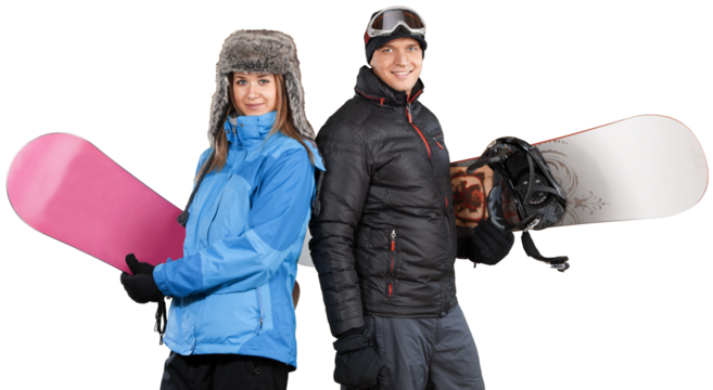 Happy Couple in winter cloth with snowboard