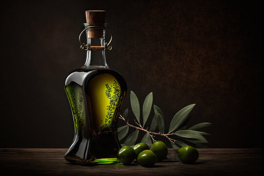 A Bottle Of Extra Virgin Olive Oil With Olives On A Wooden Table