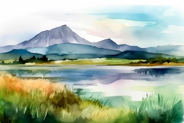 Rollo generative ai illustration of beautiful landscape with mountains and lakes in watercolor, aquarelle look © epiximages