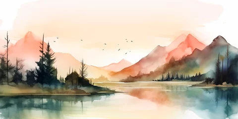 Gordijnen generative ai illustration of beautiful landscape with mountains and lakes in watercolor, aquarelle look © epiximages
