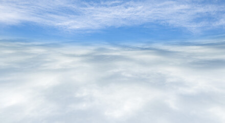  雲海を抜けた風景、さわやかな青空と太陽と富士山、レンズフレアと七色のゴースト　夏・夏休み・旅行・飛行の背景イメージ